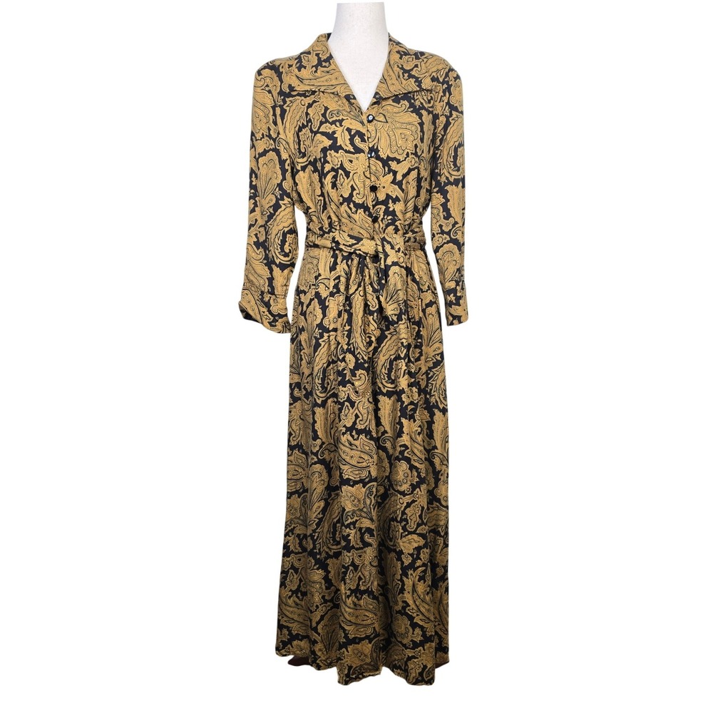 Bigio Collection Womens 6P Paisley Maxi Shirt Dress Gold Black Viscose Baroque